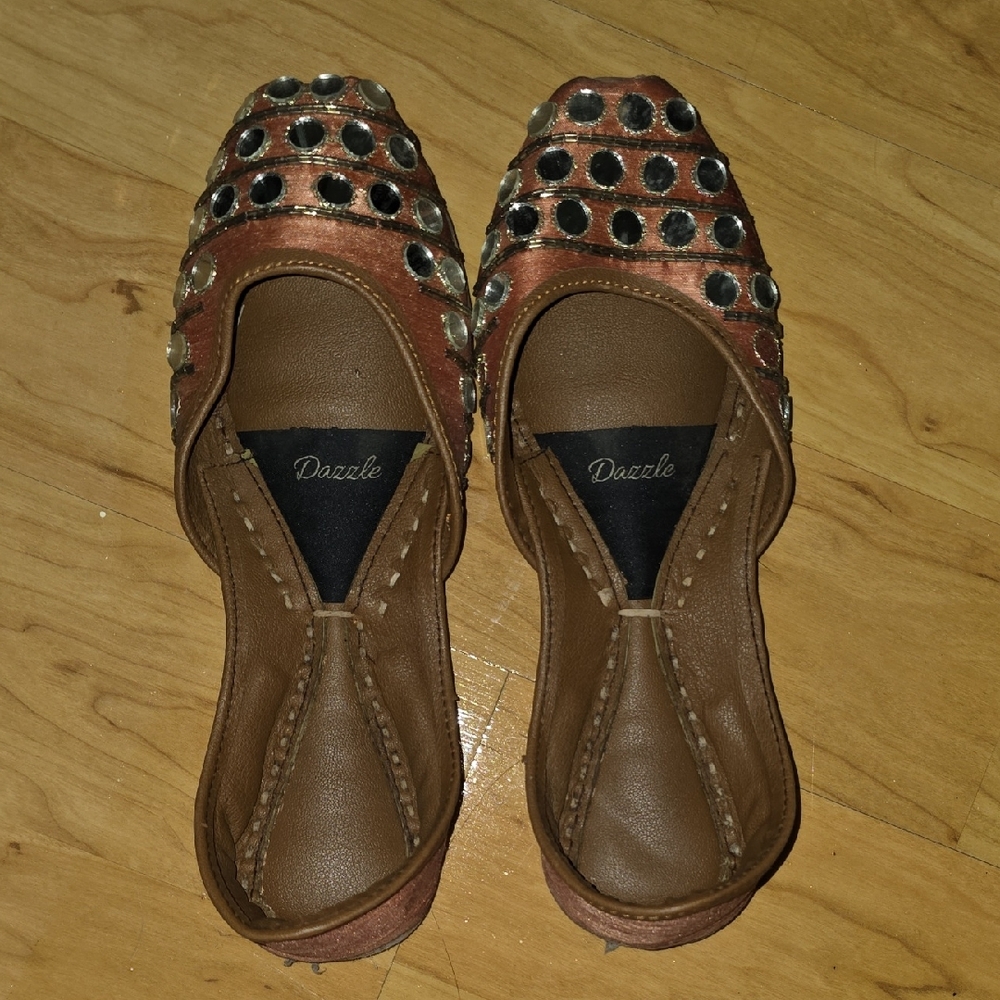 Women's Brown and Black Studded Flats-Khussa
